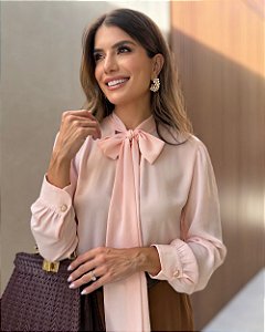 Blusa Em Crepe Gola Laço Manga Longa Doce Flor