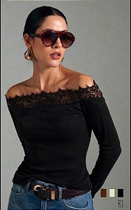 Blusa Malha Canelado Ombro a Ombro Com Renda