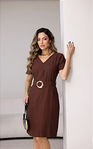 Vestido Tubo Manga Curta Com Cinto Faixa