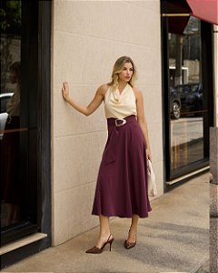 Saia Midi Satin Com Cinto Dourado Doce Flor