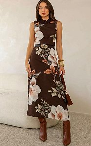 Vestido Midi Viscose Em Estampa Floral Gola Tricot