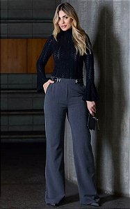 Calça Wide Leg Em Alfaiataria Com Martingale