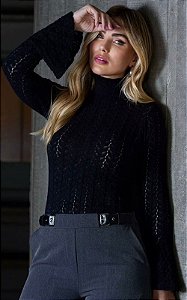 Blusa Manga Longa Em Malha Renda
