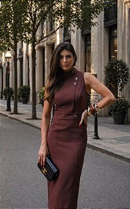 Vestido Midi Gola Alta Com Botões Kesses