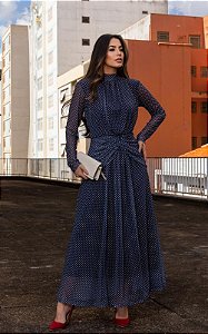 Vestido Midi Em Tule Com Pregas e Gola Alta Poá