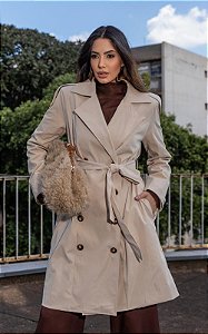 Trench Coat Alongado Em Alfaiataria Com Lapela e Botões