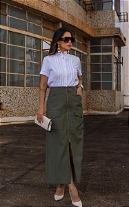 Saia Midi Reta Em Alfaiataria Com Fenda Frontal e Zíper