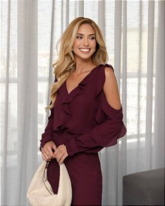 Blusa Creoe Ombro Vazado Babados Fluidos Milalai