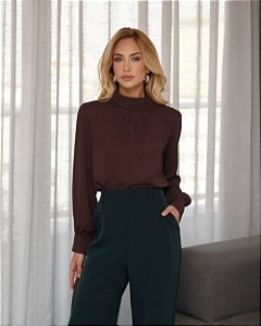 Blusa Crepe Gola Alta Com Renda No Ombro Milalai