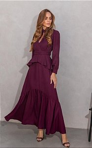 Vestido Midi Em Viscose Com Gola Alta e Cintura Marcada