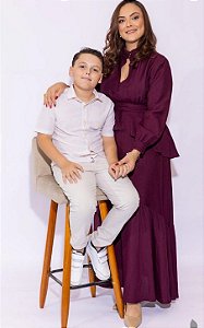 Vestido Midi Em Viscose Com Gola Alta e Cintura Marcada