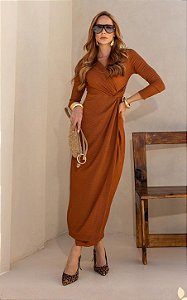 Vestido Midi Em Malha Texturizada com Drapeado