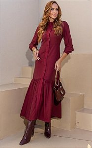Vestido Chemise Midi Em Crepe com Bolsos e Botões