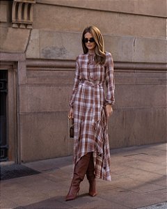 Vestido Midi Viscose Em Estampa Xadrez
