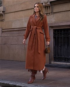 Trench Coat Alongado Em Lã Batida e Botões