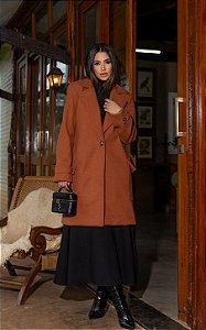 Trench Coat Alongado Em Lã Batida com Lapela