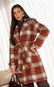 Trench Coat Alongado Em Tweed com Cinto Faixa