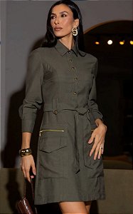 Vestido Curto Em Alfaiataria Com Bolsos Utilitários