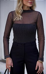 Blusa Tule Manga Longa Com Poá Doce Flor