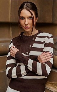 Blusa Tricot Listrado Manga Longa Com Botão Gola