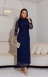 Vestido Midi Em Tule Poá Gola Alta e Manga Longa