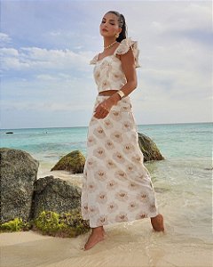 Conjunto Viscolinho Blusa e Saia Midi Bordado