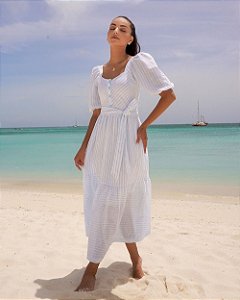 Vestido Midi Algodão Mangas Curtas Listrado