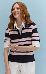 Blusa Tricot Polo Listrada Manga Curta