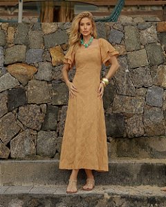 Vestido Midi Algodão Bordado Decote Princesa