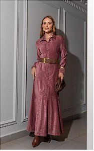 Vestido Midi Em Veludo Com Gola Clássica e Botões Forrados