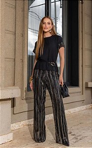 Calça Reta Em Malha Lurex Listras com Bolso Faca