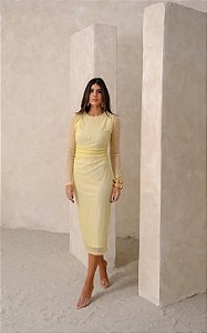 Vestido Midi Em Tule Listras com Franzido Hirus