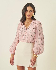 Blusa Crepe Decote V Floral Com Botões Milalai
