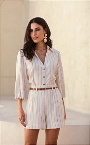 Camisa Manga Balone Linho Listrado Donna Ritz