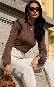 Blusa Manga Longa Em Malha Renda Com Babado Ombro