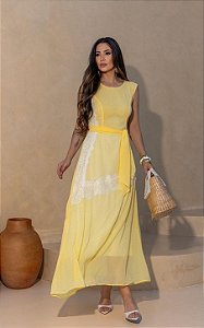 Vestido Midi Chiffon Manga Cavada Com Renda