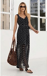 Vestido Longo Chiffon Poá Decote V Donna Ritz