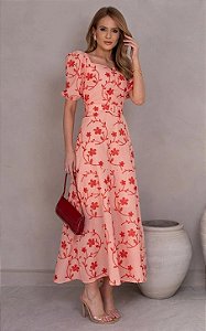 Vestido Midi Bordado Com Cinto