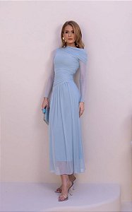 Vestido Midi Tule Assimétrico Ombro