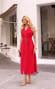 Vestido Midi Alfaiataria Botões E Com Cinto Faixa