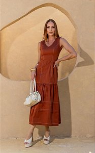 Vestido Midi Em Tricoline Com Recortes e Pesponto
