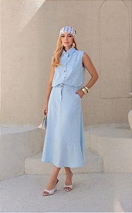 Conjunto Viscolinho Colete e Saia Midi Com Bolso