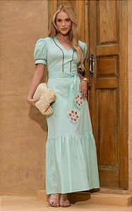 Vestido Midi Em Tricoline Decote V Com Mangas Curtas