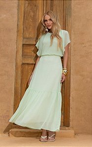 Vestido Midi Em Chiffon Poá Decote Redondo e Pregas