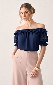 Blusa Em Crepe Com Babados Ombro A Ombro Milalai