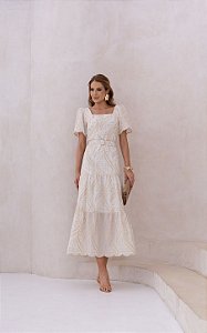 Vestido Midi Bordado Manga Balonê