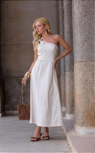 Vestido Midi Twill Com Decote Assimétrico e Alça Única Flor