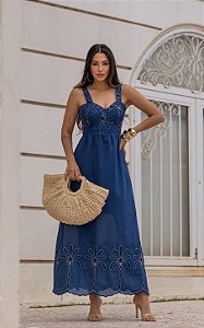 Vestido Midi Em Alfaiataria Decote V e Alças Largas