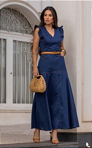 Vestido Midi Em Tricoline Com Mangas Curtas de Babados