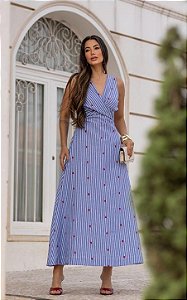 Vestido Midi Em Stripe Life Transpassado Com Alças Largas